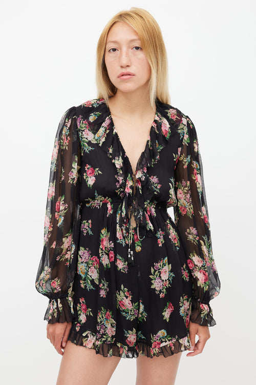 Zimmermann Black & Multi Silk Honour Floating Floral Romper