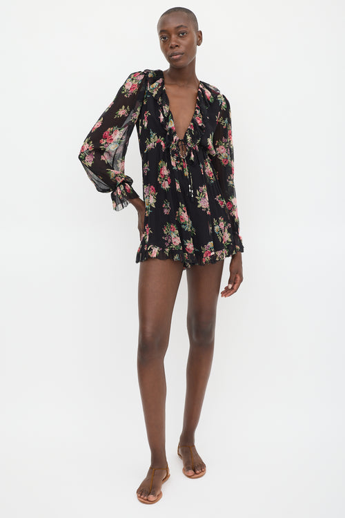 Zimmermann Black & Multicolour Silk Floral Ruffled Romper