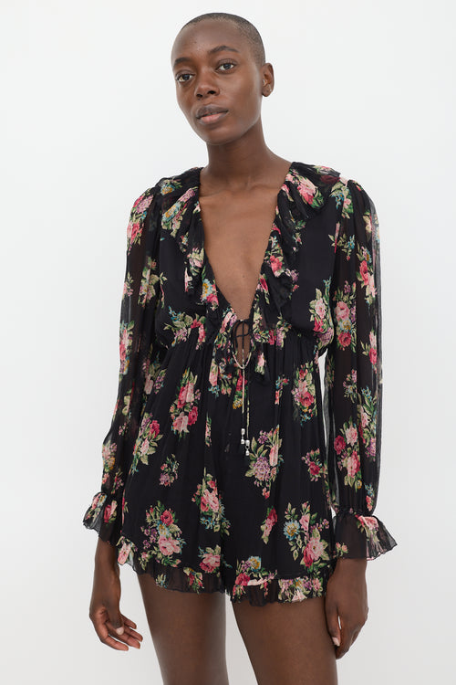 Zimmermann Black & Multicolour Silk Floral Ruffled Romper