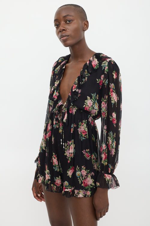 Zimmermann Black & Multicolour Silk Floral Ruffled Romper