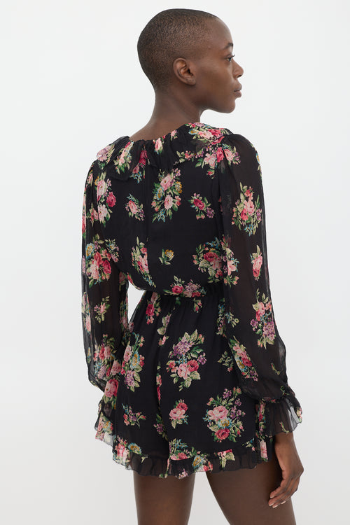 Zimmermann Black & Multicolour Silk Floral Ruffled Romper