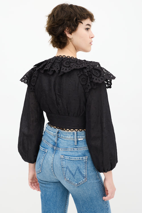 Black Ruffled Eyelet Cropped Top