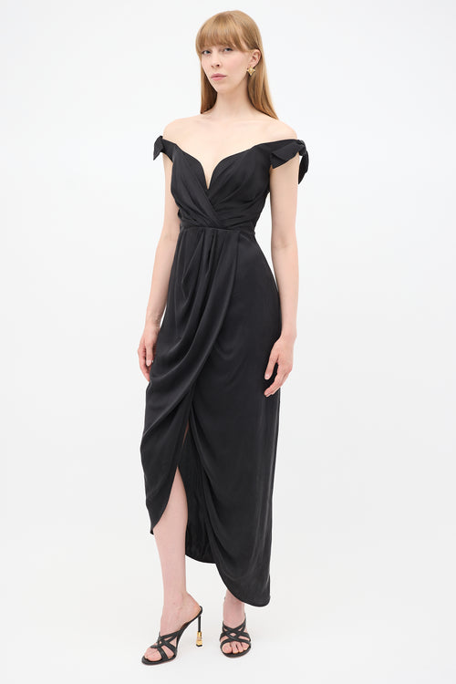 Zimmermann Black Silk Draped Off Shoulder Dress