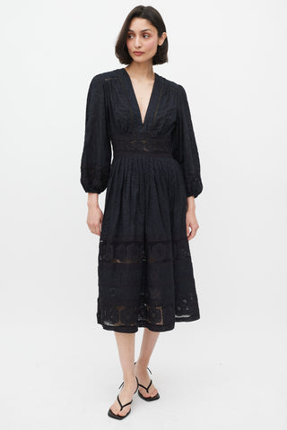 Zimmermann Black Swiss Dot Cotton  V-Neck Midi Dress
