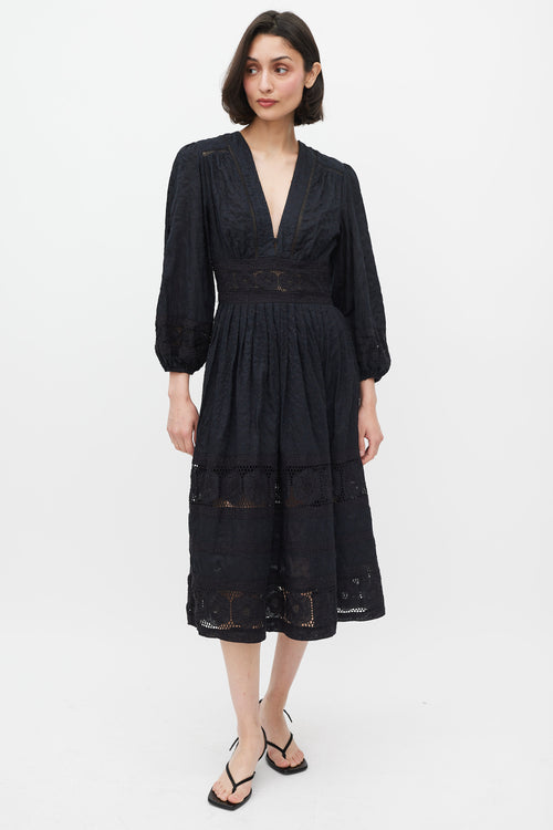 Zimmermann Black Swiss Dot Cotton  V-Neck Midi Dress