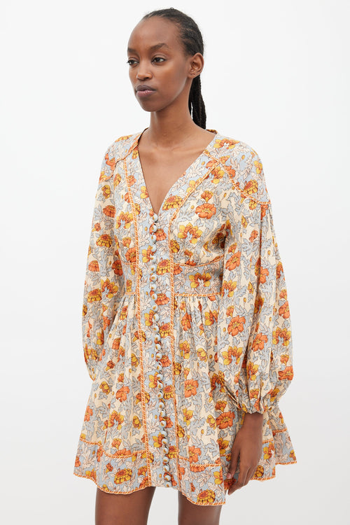 Zimmermann Blue & Multi Floral Andie Buttoned Dress