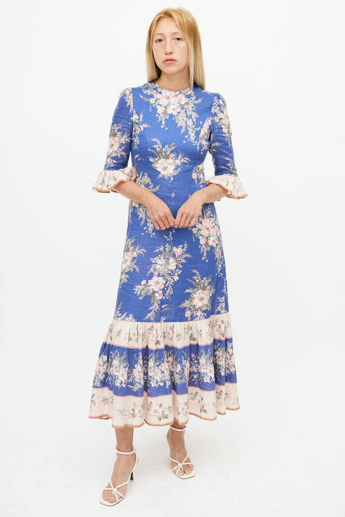 Zimmermann Blue & Multicolour Floral Ruffled Dress