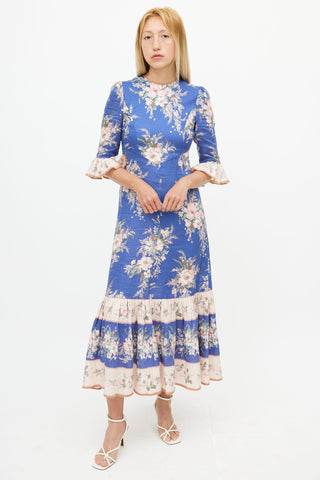 Zimmermann Blue & Multicolour Floral Ruffled Dress
