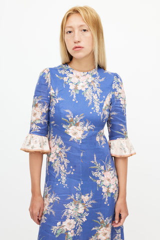 Zimmermann Blue & Multicolour Floral Ruffled Dress