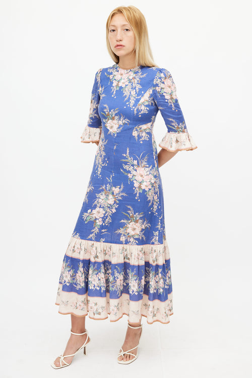 Zimmermann Blue & Multicolour Floral Ruffled Dress