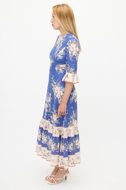 Zimmermann Blue & Multicolour Floral Ruffled Dress