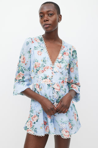 Zimmermann Blue & Multicolour Linen Floral Jumpsuit