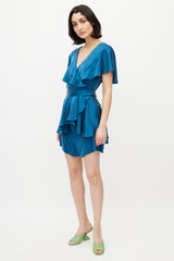 Zimmermann Blue Silk Ruffled Wrap Romper