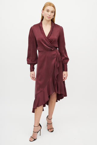 Zimmermann Burgundy Silk Ruffled Wrap Dress