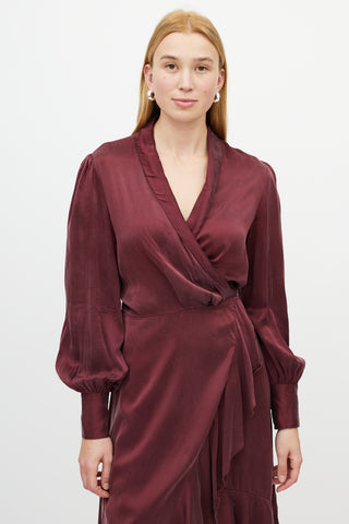 Zimmermann Burgundy Silk Ruffled Wrap Dress