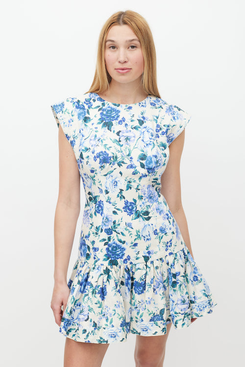Zimmermann Cream & Multicolour Floral Linen Ruffled Dress
