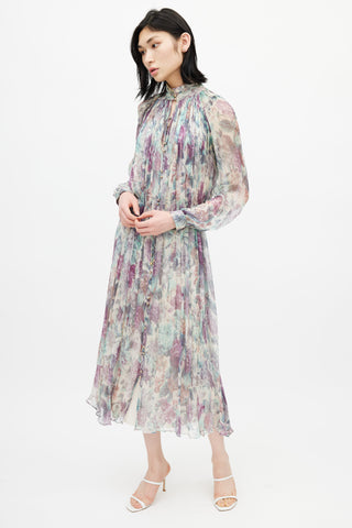 Zimmermann Cream & Multicolour Floral Silk Pleated Dress
