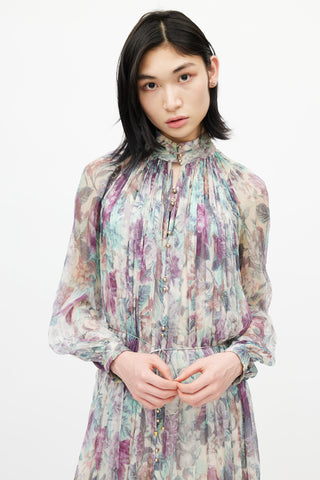 Zimmermann Cream & Multicolour Floral Silk Pleated Dress