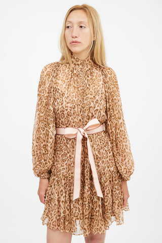 Zimmermann Fall 2019 Brown & Pink Silk Printed Espionage Belted Dress