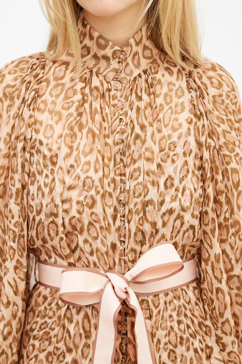 Zimmermann Fall 2019 Brown & Pink Silk Printed Espionage Belted Dress