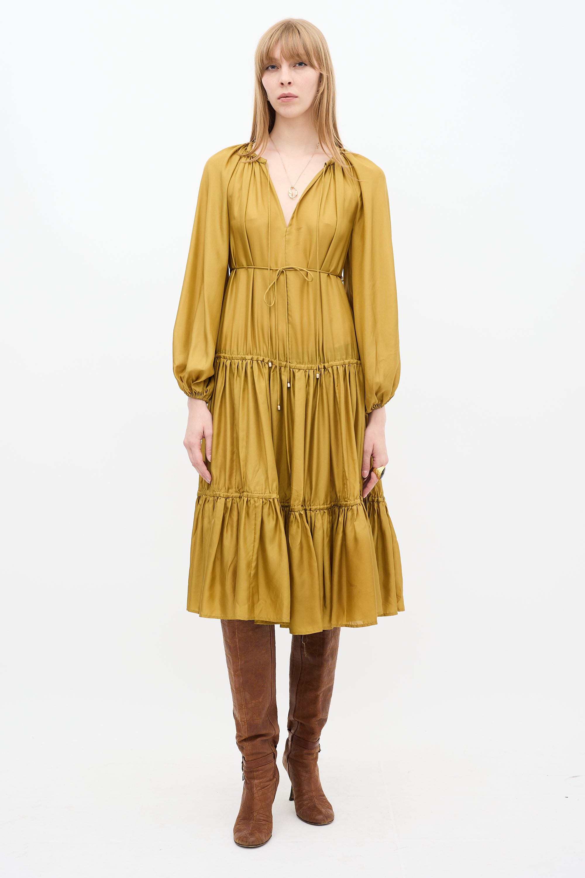 Zimmermann // Gold Silk Tiered Estelle Midi Dress VSP Consignment Zimmermann // Gold Silk Tiered Estelle Midi Dress VSP Consignment