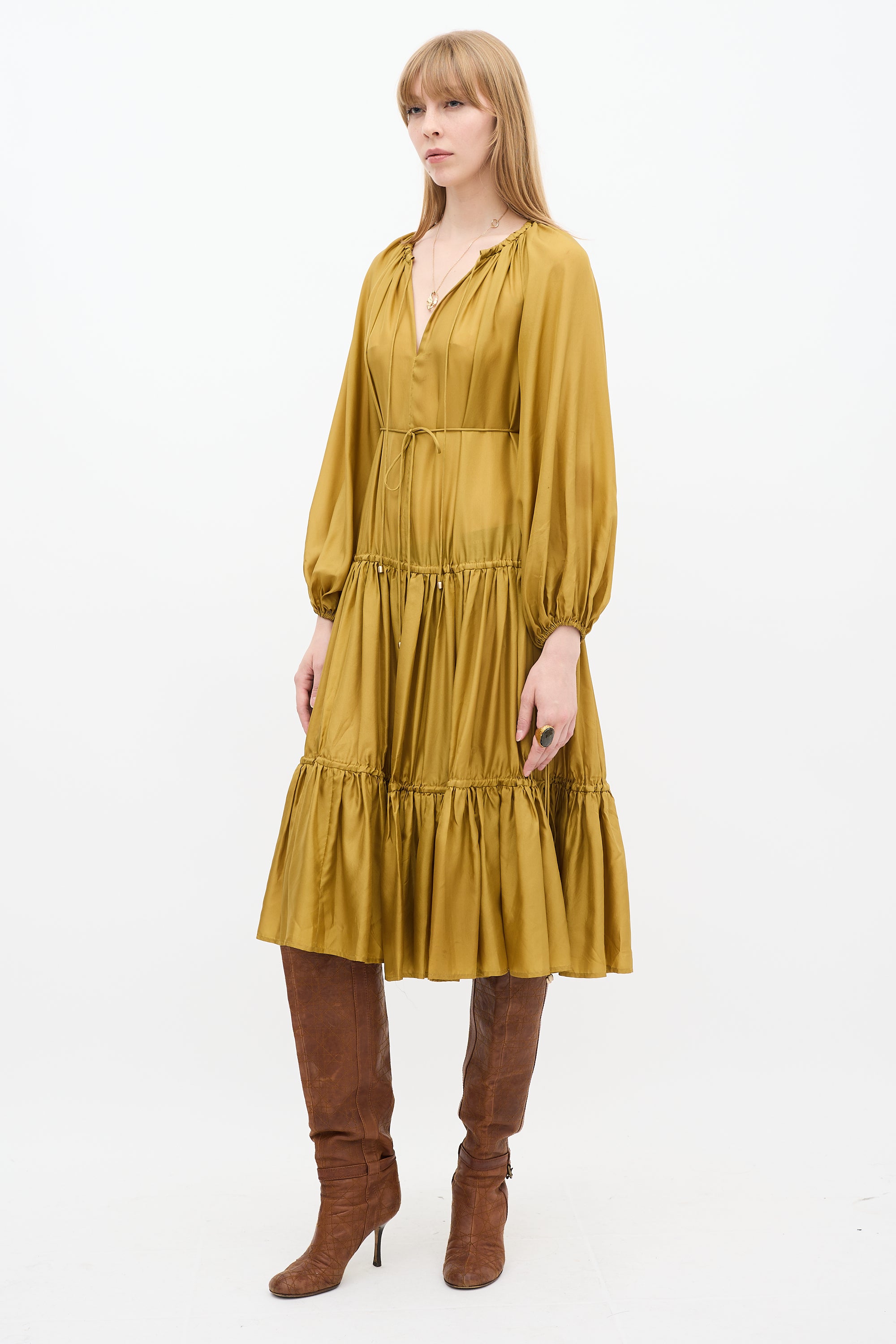 Zimmermann // Gold Silk Tiered Estelle Midi Dress VSP Consignment Zimmermann // Gold Silk Tiered Estelle Midi Dress VSP Consignment