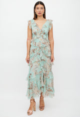 Zimmermann Green & Brown Silk Ruffled Floral Dress