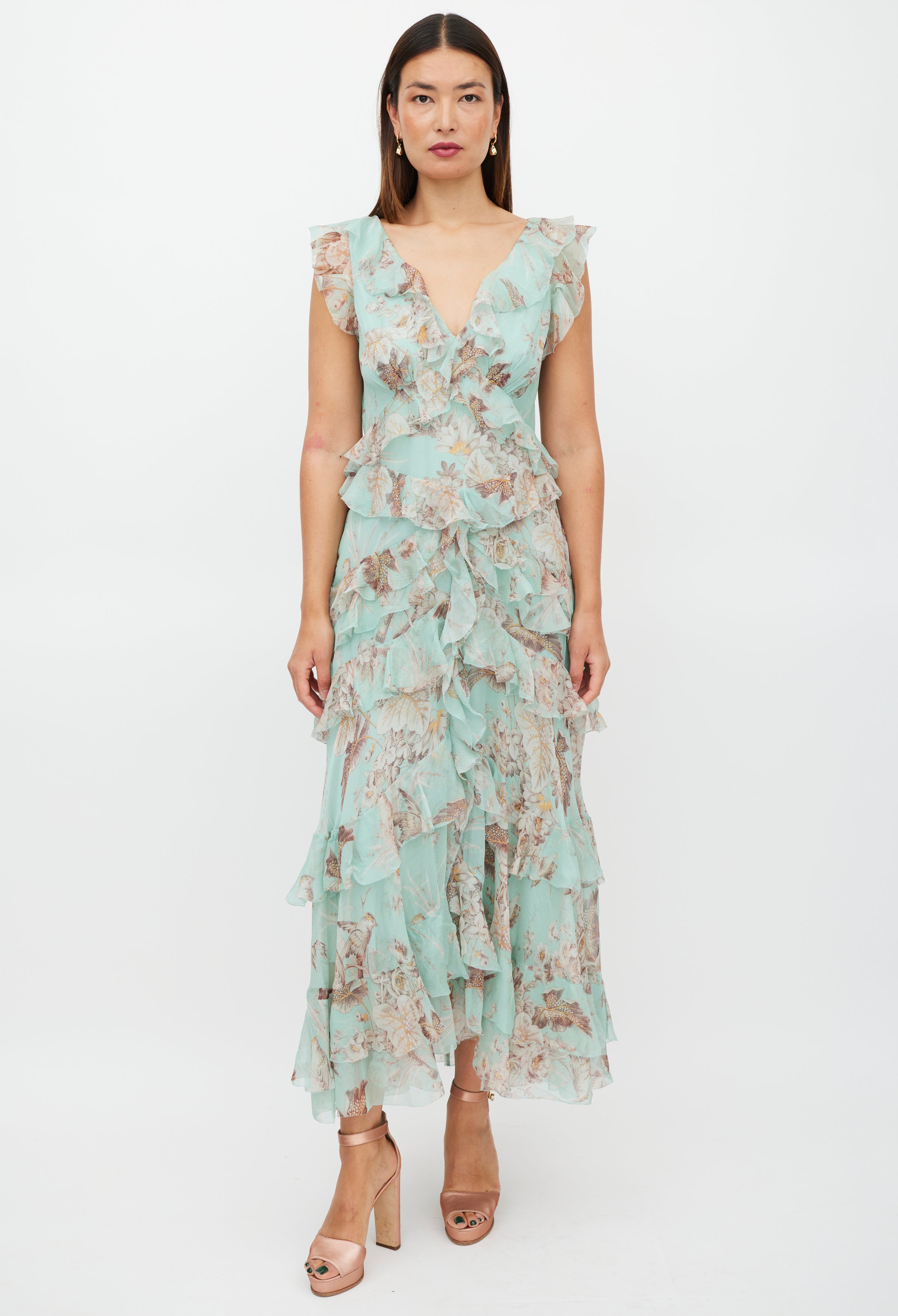 Zimmermann // Green & Brown Silk Ruffled Floral Dress VSP Consignment Zimmermann // Green & Brown Silk Ruffled Floral Dress VSP Consignment