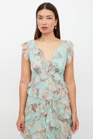 Zimmermann Green & Brown Silk Ruffled Floral Dress