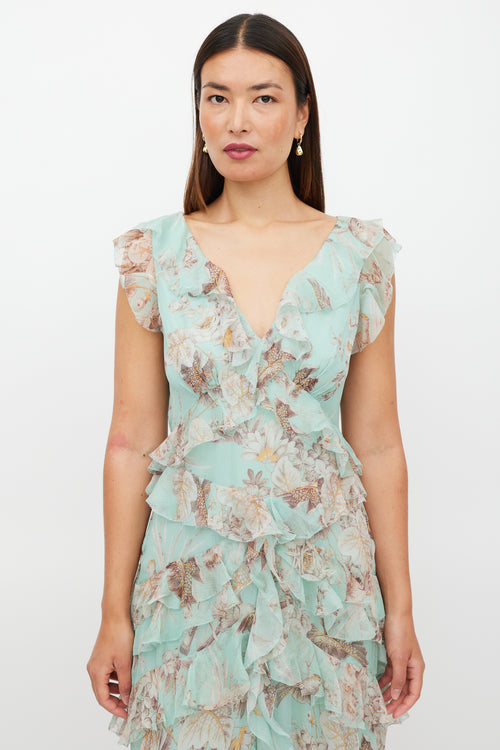 Zimmermann // Green & Brown Silk Ruffled Floral Dress VSP Consignment Zimmermann // Green & Brown Silk Ruffled Floral Dress VSP Consignment