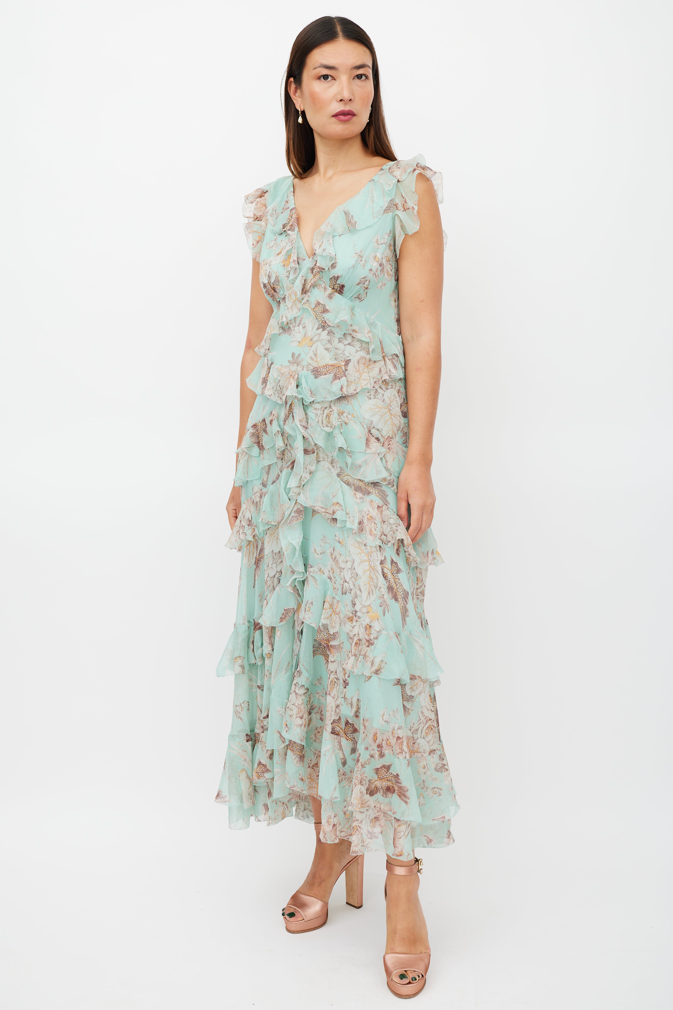 Zimmermann // Green & Brown Silk Ruffled Floral Dress VSP Consignment Zimmermann // Green & Brown Silk Ruffled Floral Dress VSP Consignment