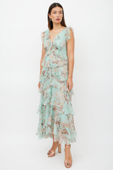 Zimmermann Green & Brown Silk Ruffled Floral Dress