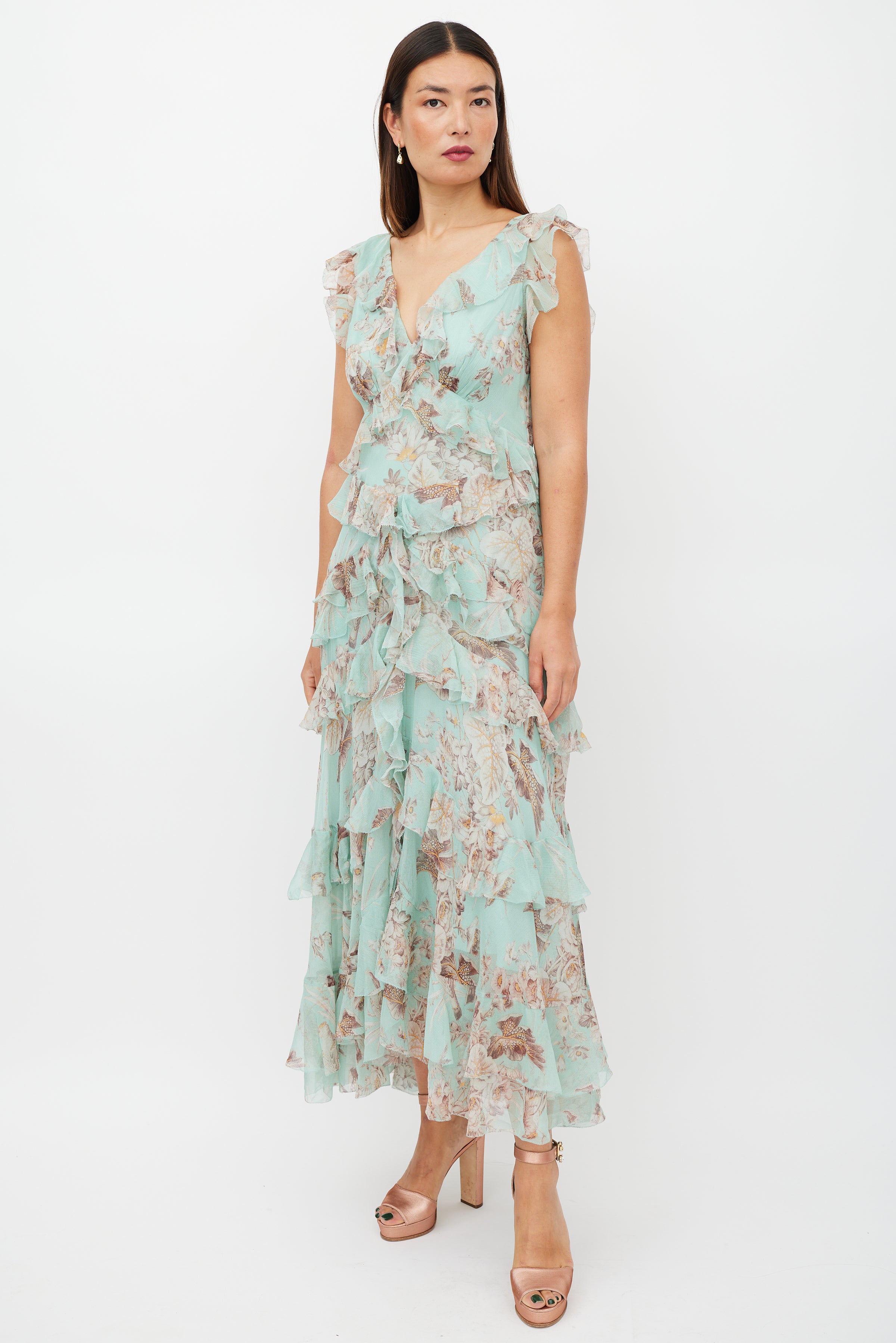 Zimmermann // Green & Brown Silk Ruffled Floral Dress VSP Consignment Zimmermann // Green & Brown Silk Ruffled Floral Dress VSP Consignment