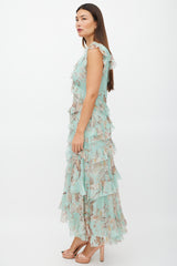 Zimmermann Green & Brown Silk Ruffled Floral Dress