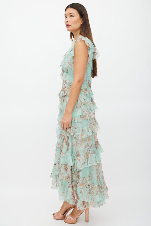 Zimmermann Green & Brown Silk Ruffled Floral Dress