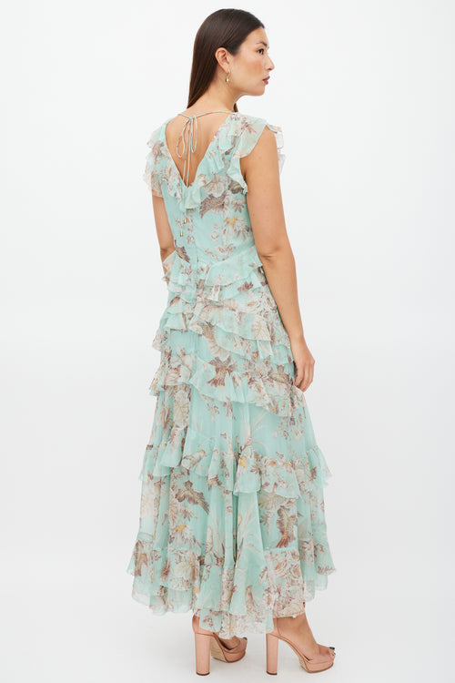 Zimmermann Green & Brown Silk Ruffled Floral Dress