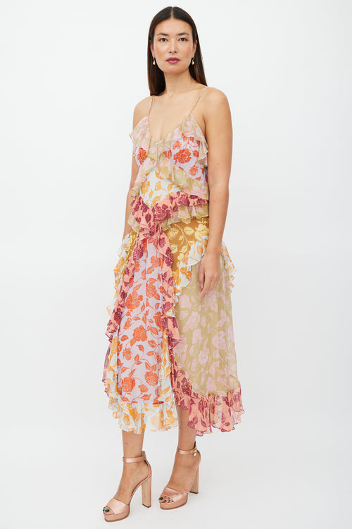 Zimmermann Green & Multicolour Silk Ruffled Floral Dress