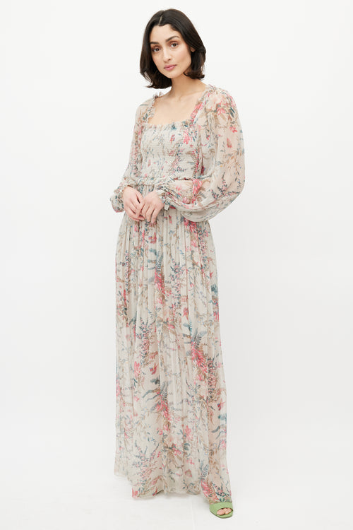 Zimmermann Grey & Multicolour Floral Silk Gathered Dress