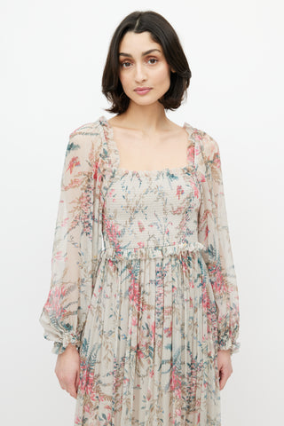 Zimmermann Grey & Multicolour Floral Silk Gathered Dress