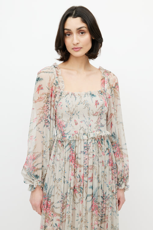 Zimmermann Grey & Multicolour Floral Silk Gathered Dress