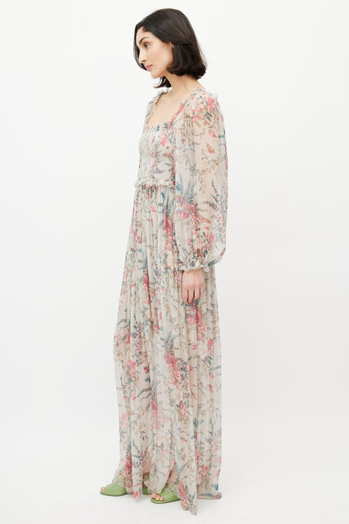 Zimmermann Grey & Multicolour Floral Silk Gathered Dress