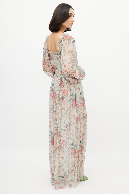 Zimmermann Grey & Multicolour Floral Silk Gathered Dress