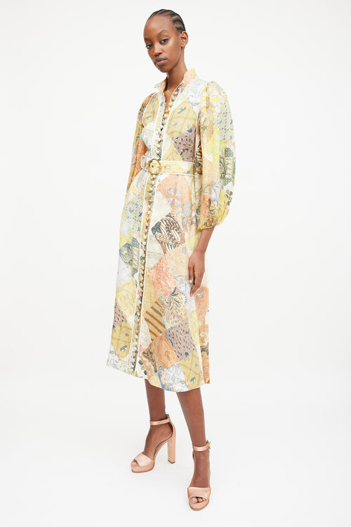 Zimmermann Multicolour Linen Patchwork Brightside Belted Shirt Dress