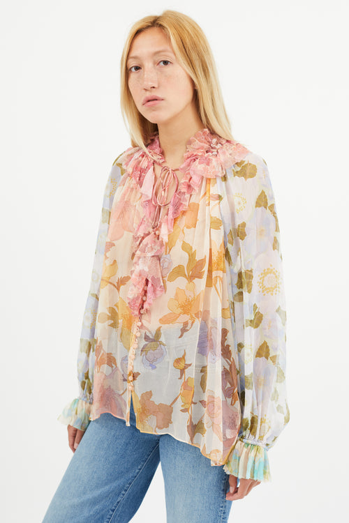 Zimmermann Multicolour Silk Floral Semi Sheer Blouse