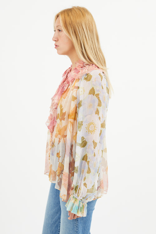 Zimmermann Multicolour Silk Floral Semi Sheer Blouse