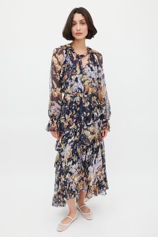 Zimmermann Navy & Multicolour Floral Silk Ruffled Dress