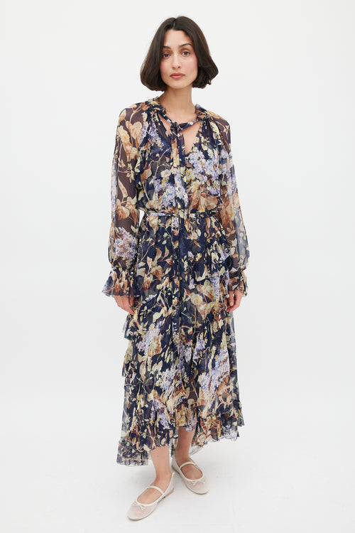 Zimmermann Navy & Multicolour Floral Silk Ruffled Dress