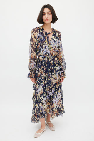 Zimmermann Navy & Multicolour Floral Silk Ruffled Dress