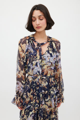 Zimmermann Navy & Multicolour Floral Silk Ruffled Dress
