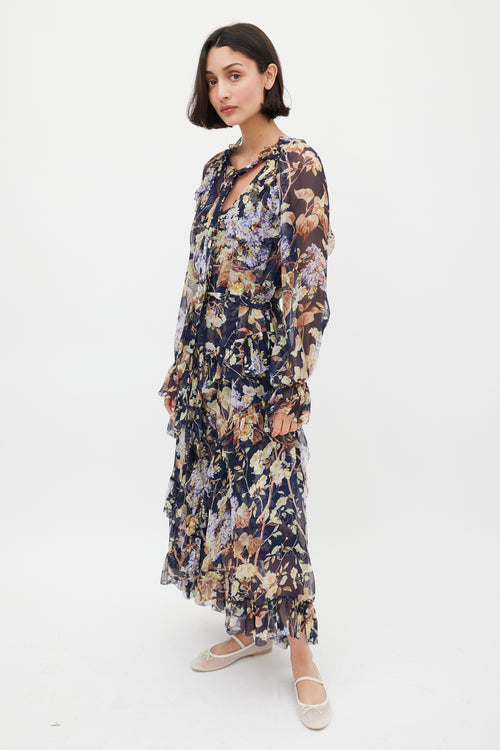 Zimmermann Navy & Multicolour Floral Silk Ruffled Dress